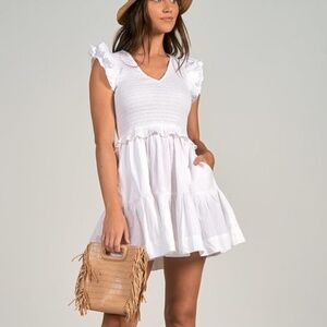 Elan Smocked Bodice Flutter Sleeve Cotton Mini Dress Women's L White Sundress